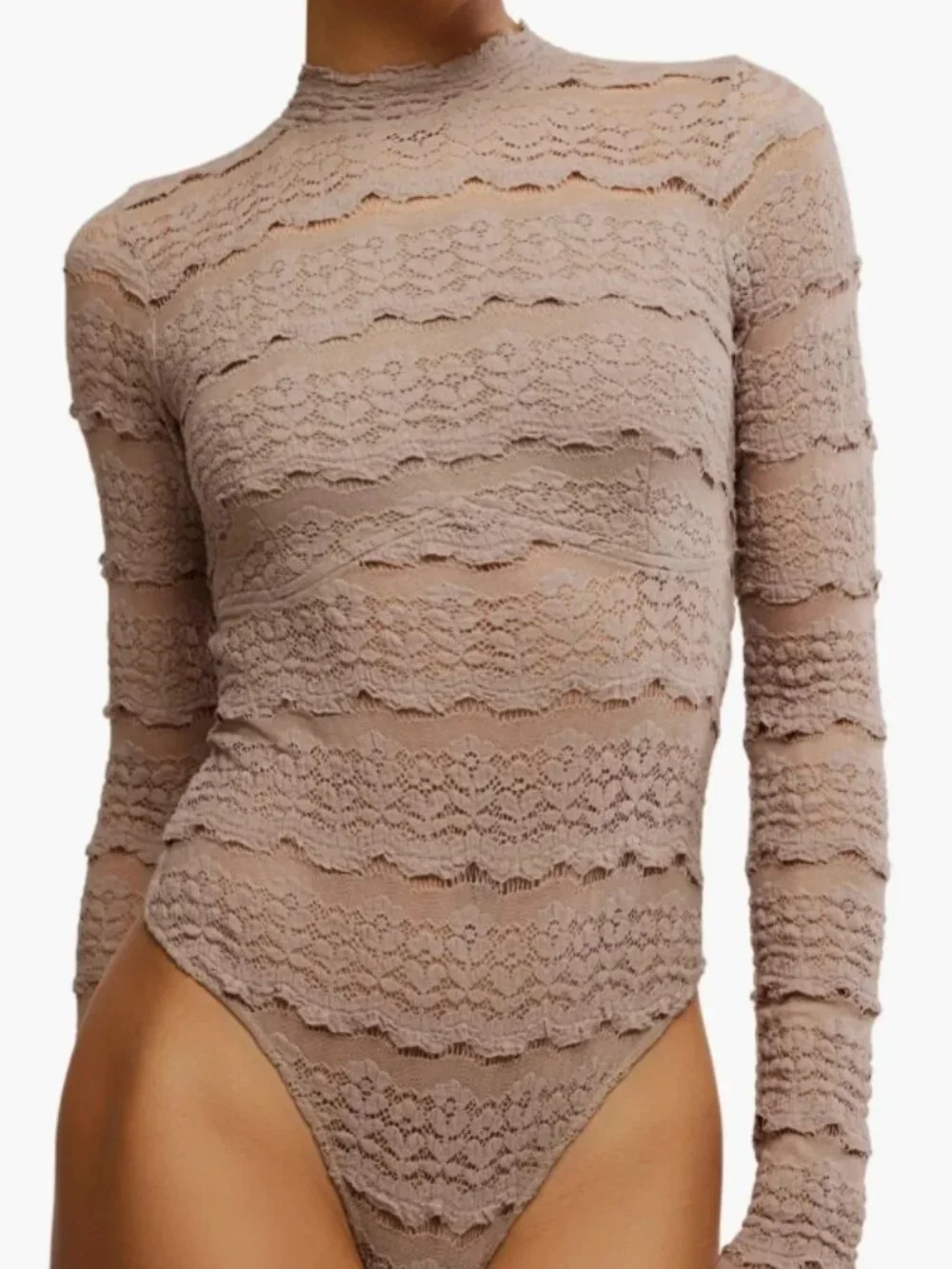 Free People Angelina Bodysuit Mock Neck Lace Sheer Cutout Top L